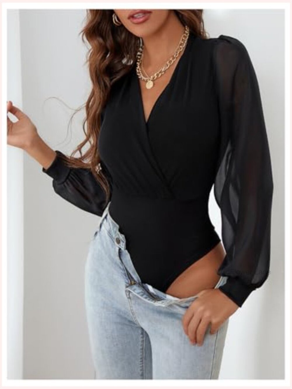 Women's Sheer Mesh Lantern Long Sleeve Bodysuit Wrap V Neck Blouse - Picture 5 of 5